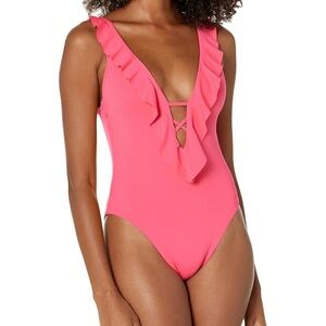 Becca 2 PIECES Swimsuit + Skirt Small Pink Plunge Ruffle